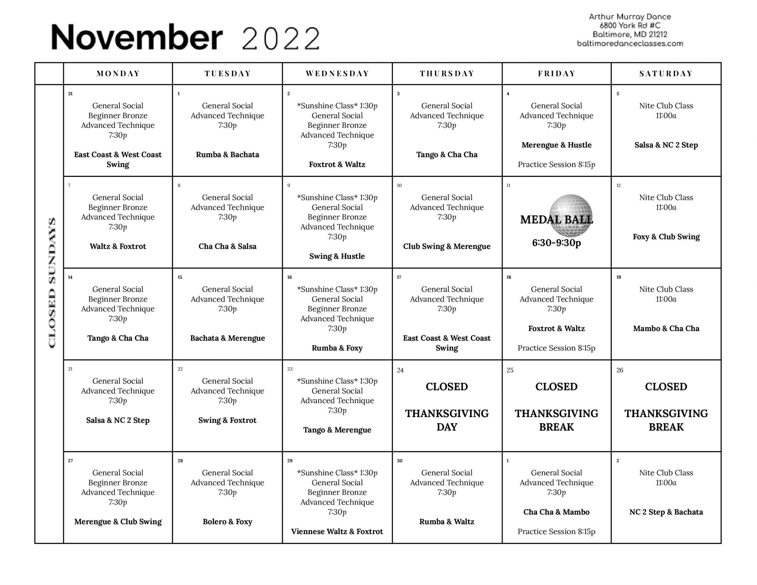Baltimore November Calendar